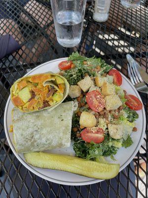 Curry sweet potato wrap and kale Caesar salad (all vegan)