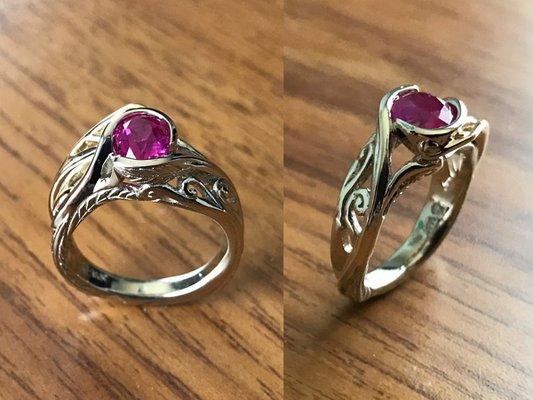 Beautiful custom designed ring, featuring a Burmese Ruby.