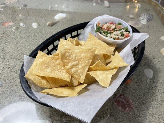 Chips with complimentary ceviche!