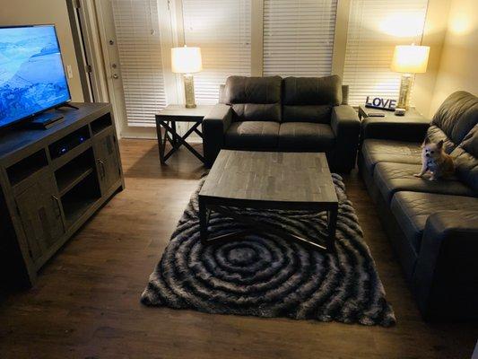 Couch, love seat, coffee table, end tables, area rug, entertainment center.