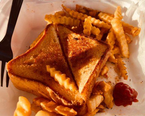 Grilled cheese and awesome fries, that is half the fries, we split the order.