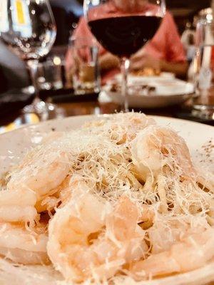 Cacio e pepe Pecorino Romano with sautéed shrimp