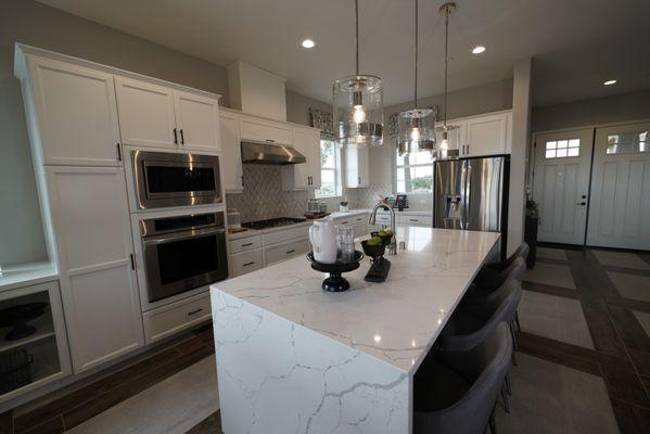 Quartz Waterfall Island Kitchen Countertop