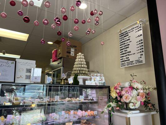 Pastry case and hot drink menu