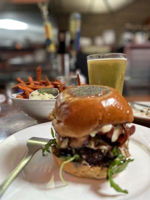 Phlight Burger-Medium well and Sweet potato fries with an ice cold, Mexican lager