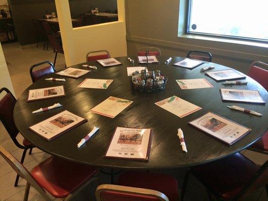 Have a large party? No problem! Enjoy the large round table in our private party room. Can seat up to 12 people.