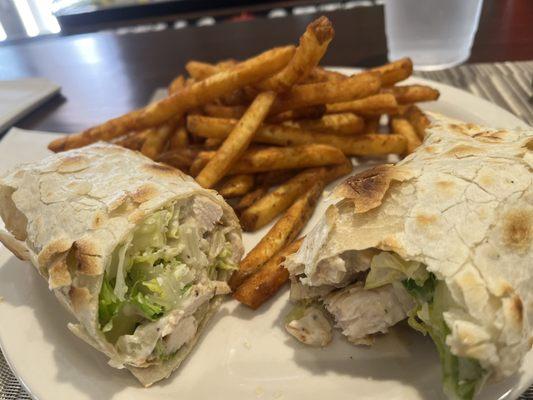 Food is surprisingly good! A wonderful grilled chicken Caesar salad wrap