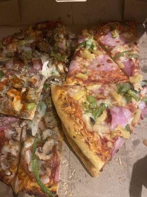 Hawaiian pizza hand toss and thin crust with mushroom,sausage, green pepper onion .