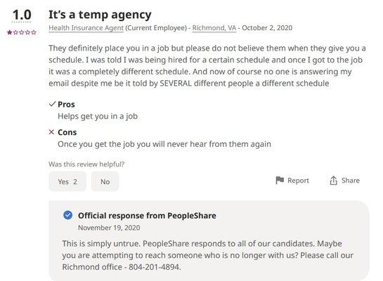 Peopleshare's recruiters don't have a positive attitude with their candidates and employees.