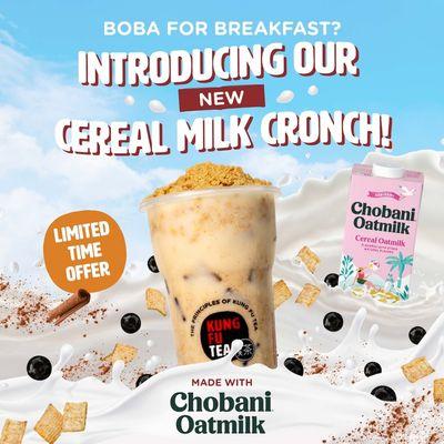 Introducing our all new, limited time Chobani Cereal Milk Cronch, featuring Chobani's creamy cereal oatmilk. Come by and try one today!