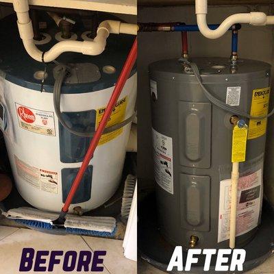 Water heater under the air handler in a condo removed and replaced with a comparable unit.