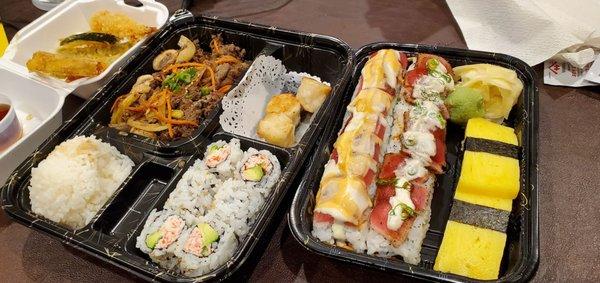 Vegetable tempura, dinner beef bulgogi bento, Tokyo Garden roll, Redskins roll and lastly Tamago