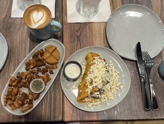 This is a very delicious tasting Capuchino and very well presented and generous portion of Chicharron and Steak Cachapa.