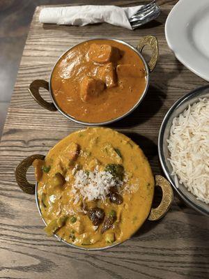 Chicken tikka masala and vegetable korma coconut curry