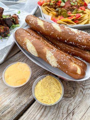 Pretzel Sticks with cheese and mustard for dipping