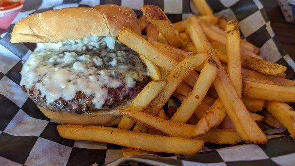 Black and blue burger with fries