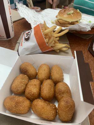 Corn Dog Nuggets, fries, Pub-Battered Cod Sandwich all deliciously fried