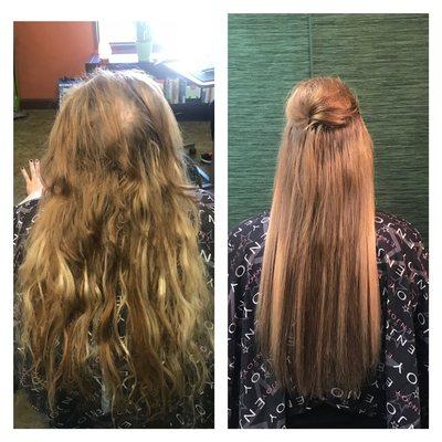 Another ( correction) of extensions not done properly and color using strand by strand with a full color correction  with Baylage