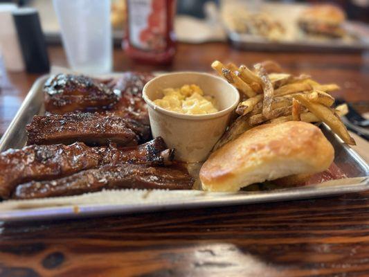 Pork ribs, 1/2 chicken, insanely good cheese & mac, fries & a biscuit that was sent down from above