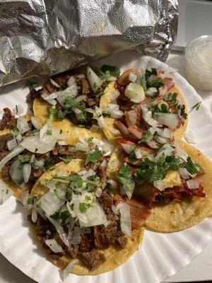 Carne asada and Pastor tacos