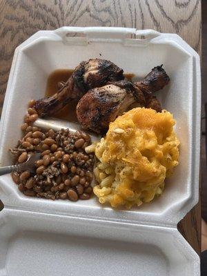 Chicken plate with Mac n cheese and baked beans