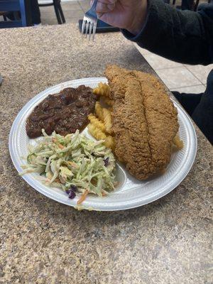 Catfish, coleslaw, fries, red beans and rice. Excellent!