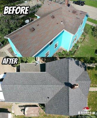 Before and after photo for a new roof.