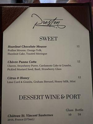 Dessert menu