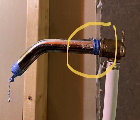 Stupid leak location - note crooked at the joint - permanent gap and big leak.