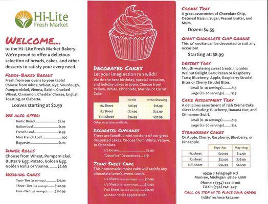 Hi-Lite bakery menu