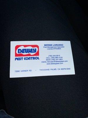 Bernie Lorusso from Dewey pest control business card!