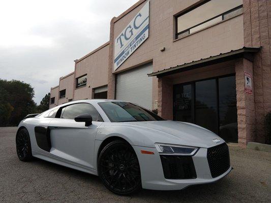 Audi R8 with full front end clear bra paint protection film and all windows coated with LLumar Stratos multilayer ceramic window film.