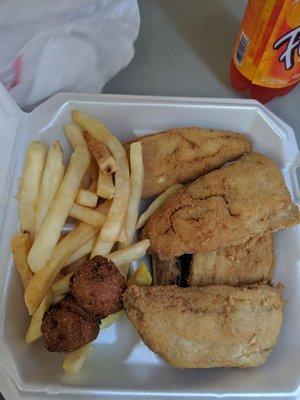 Fried trout, hush puppies and fries