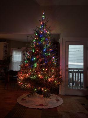 9 foot Christmas tree with colored lights