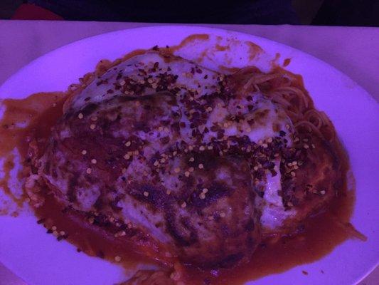 Huge plate of Chicken Parm and linguini