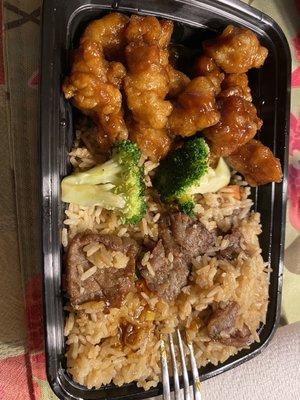 General Tso chicken with beef fried rice