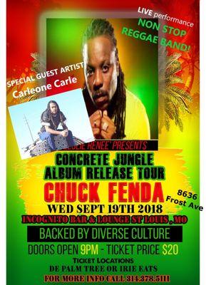 Chuck Fenda with Diverse Reggae Band this WEDNESDAY 9/19! Come out Carleone Carle, and NonStop Reggae Band!