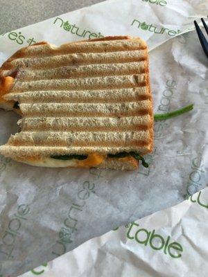 "Sensible Starter" - an egg white patty, spinach and slice of cheddar on toasted panini.