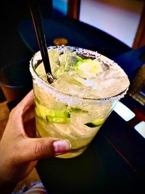 Cucumber jalapeño margarita on the rocks