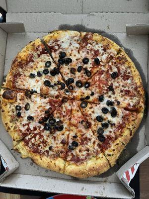 Hand tossed large w/ olives, NOT ENOUGH CHEESE  $7.99