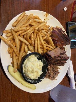 3 meat combo, chicken, brisket & pulled pork sides wee seasoned fries & potato salad