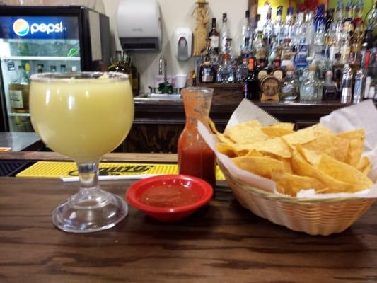 Chips and salsa and a 22 ounce frozen margarita.