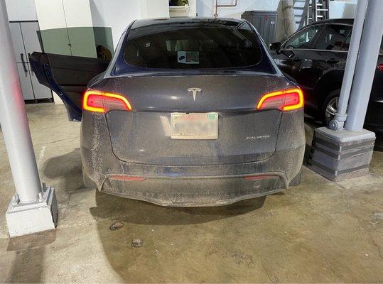 Dirty car needs wash badly! This is the Before shot of dirty Tesla model Y after going through the mountains and snow.