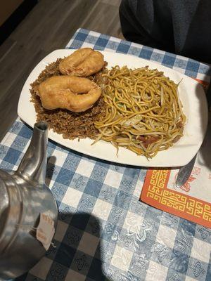 Pork lo mien fried rice and fried shrimp