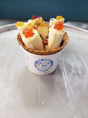 Sunny Miami Ice cream rolls in a crispy waffle bowl