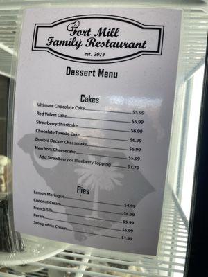 Dessert menu