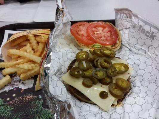 1/3rd pound jalapeño burger with extra jalapeños!  Yum!