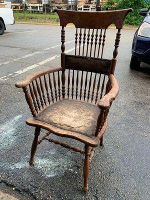 My great-grandfather's wooden armchair as it looked early this month when I brought it to Don's Furniture Restoration.