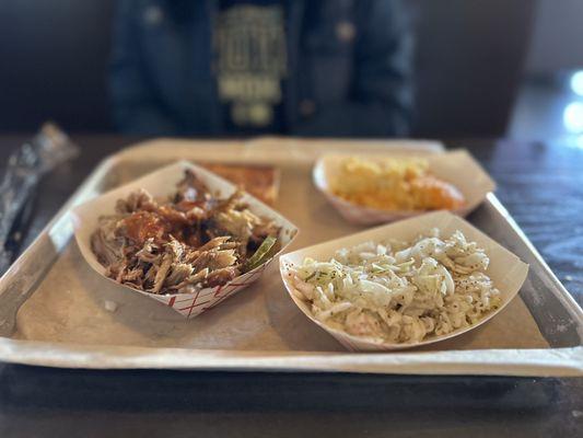 Pulled pork Cole slaw and mac and cheese