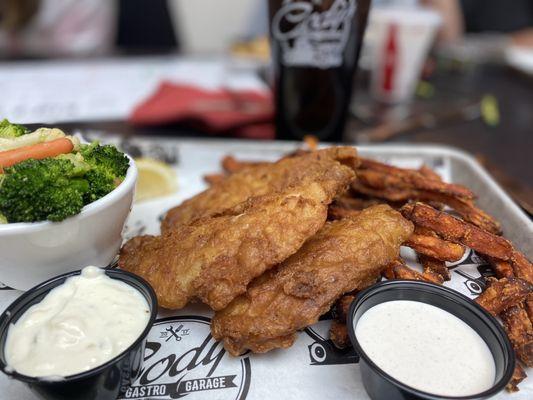 Fish and chips. Delicious. The marshmallow sauce that comes with the sweet potato fries is amazing. Like a dessert.